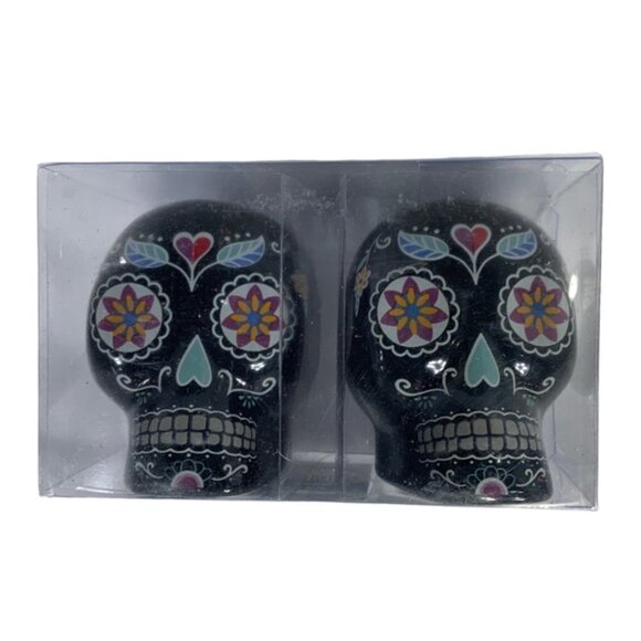 Sugar Skull Salt Pepper Shaker Set Ceramic Day of the Dead Multicolor Black 2 PC - Picture 3 of 16
